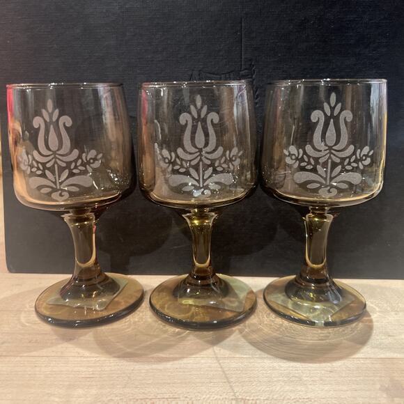 PFALTZGRAFF Village SET OF 8 Brown Etched Pedestal Goblets Wine Glasses EXC! WOW - Picture 3 of 7
